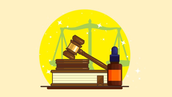 Gavel and Judge Book with CBD Oil Illustration with Justice Scale on the Background