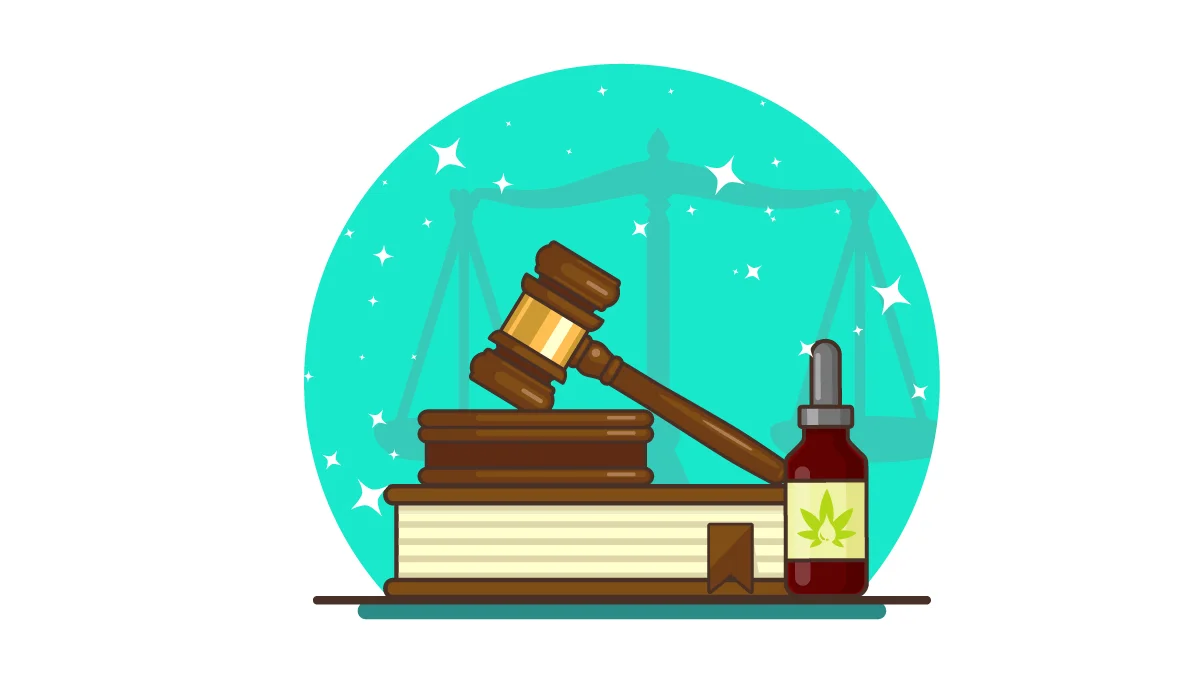 Gavel and Judge Book with CBD Oil Illustration with Justice Scale on the Background