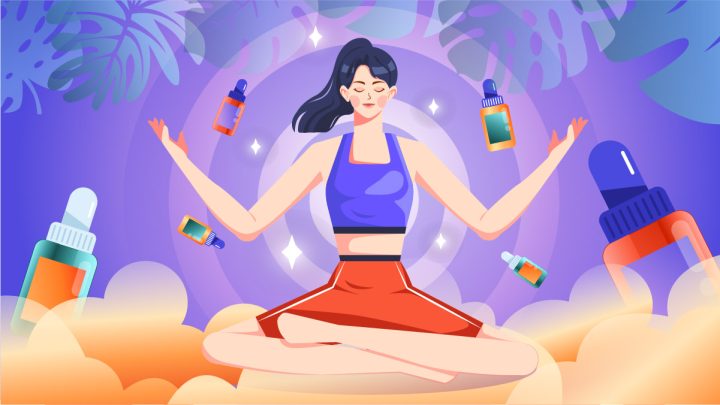 Illustration of a women doing yoga with CBD oil to release her stress