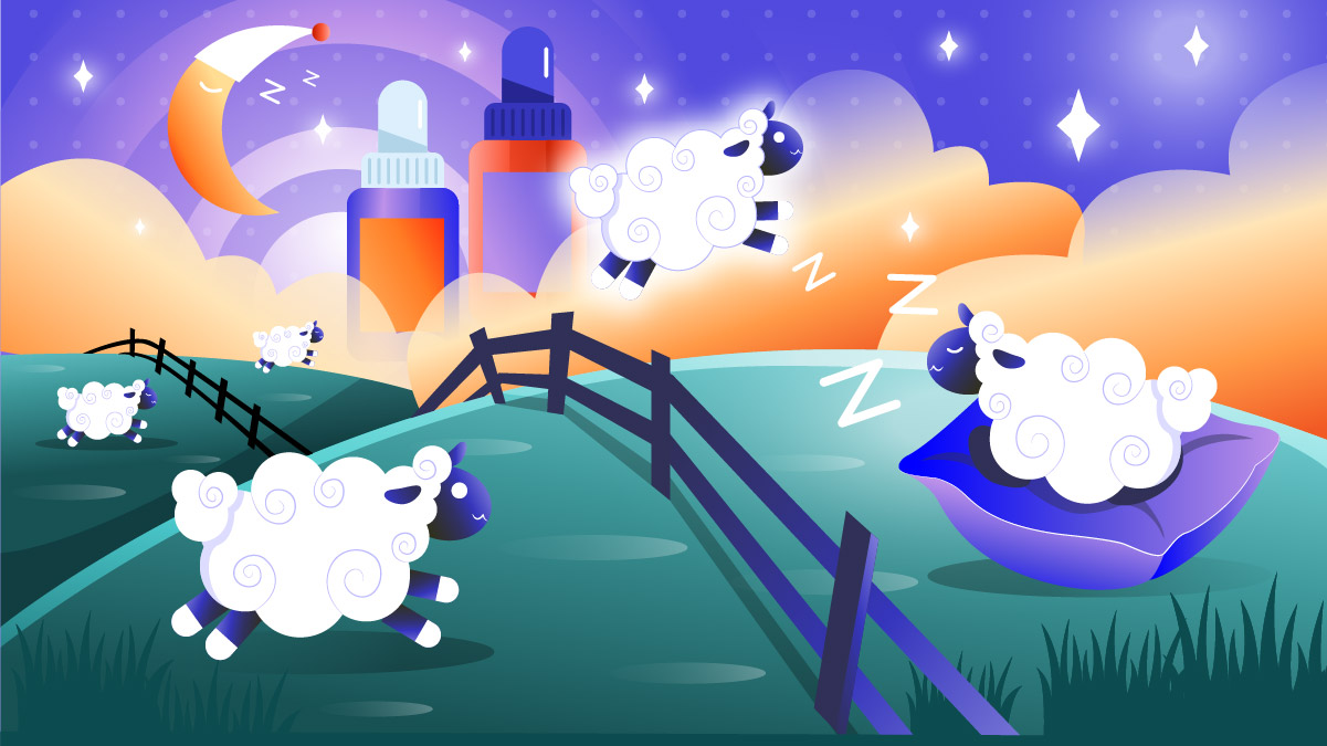 Illustration of sheeps jumping over the fence and sleeping on a pillow