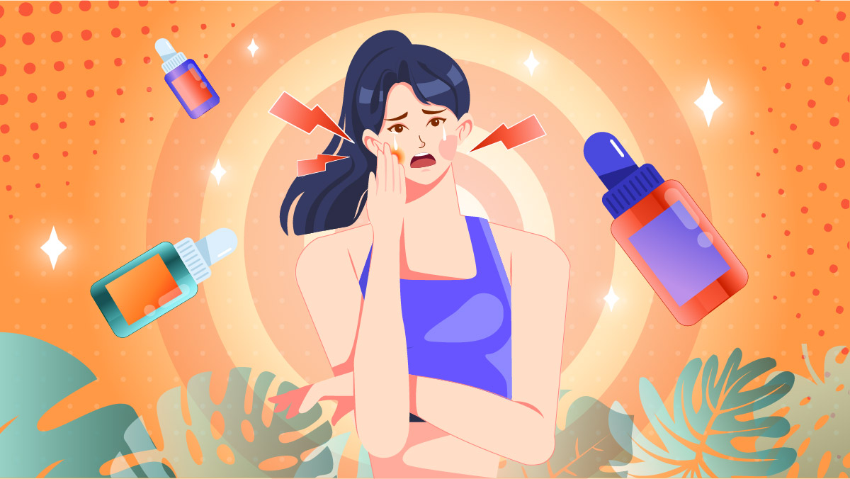 Illustration of a women having pain with CBD oil bottles