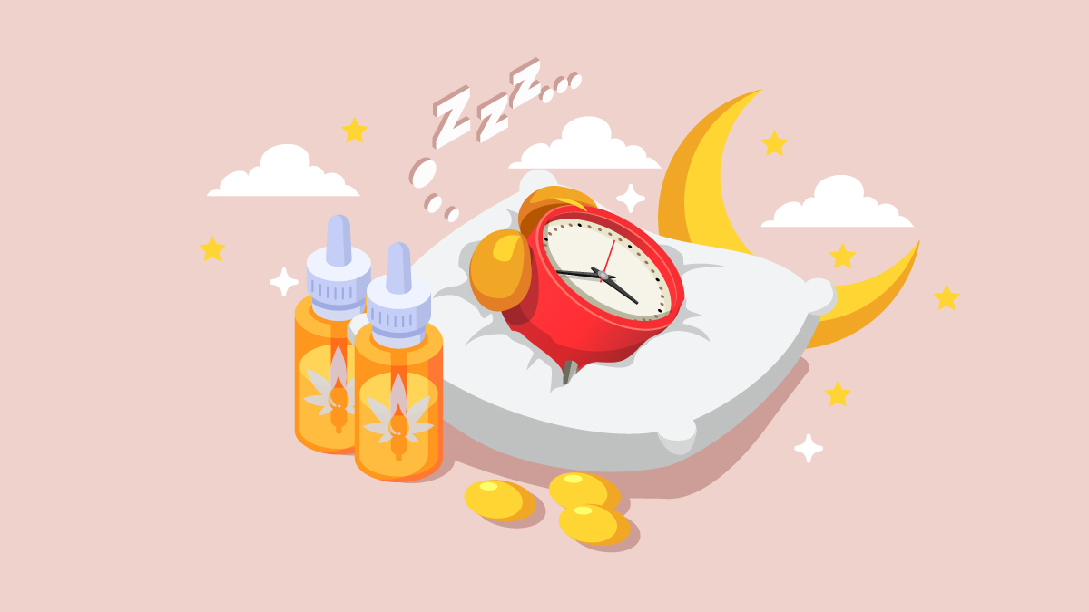 Illustration of CBD Oil with Alarm Clock on a Pillow