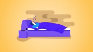 Illustration of a man sleeping on a purple bed with CBD oil bottle on the nightstand