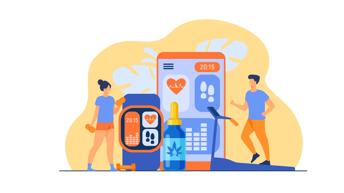 Two People Working Out with CBD Oil and Monitor Illustration in the Middle