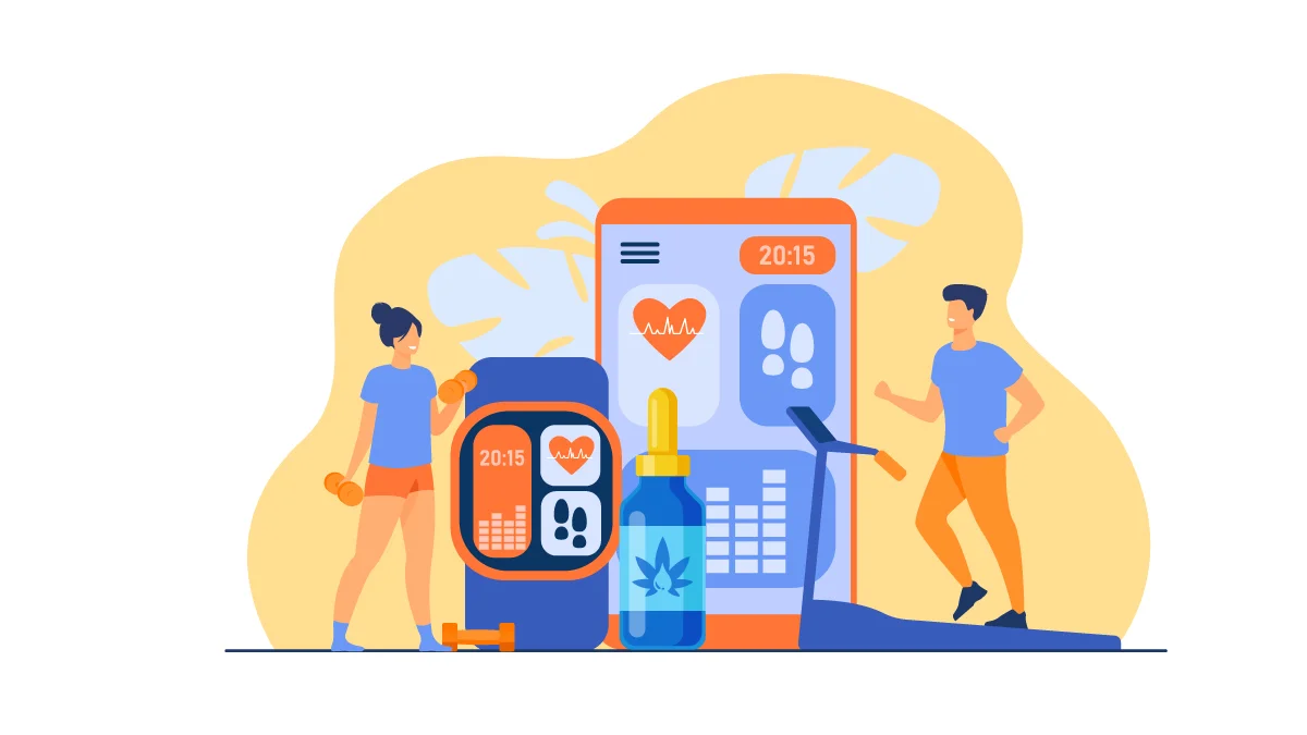 Two People Working Out with CBD Oil and Monitor Illustration in the Middle