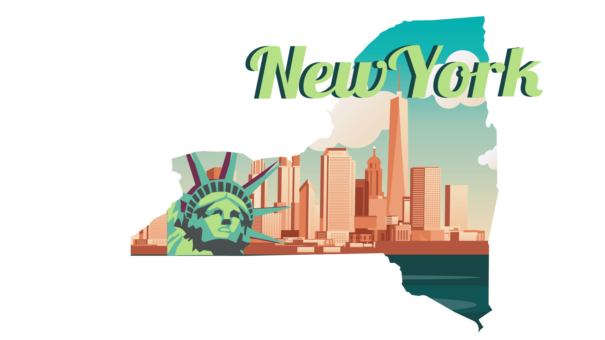 Illustration of New York city and Statue of Liberty in white background