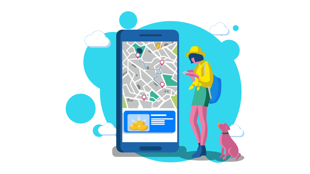 a Girl in Yellow Jacket Searching Her Phone Map for CBD Capsules Stores with Her Dog