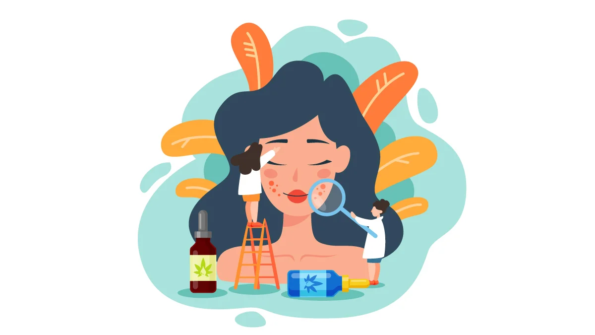 CBD Oil Bottles on the Surface While Two Woman Checking on the Face with Acne Image