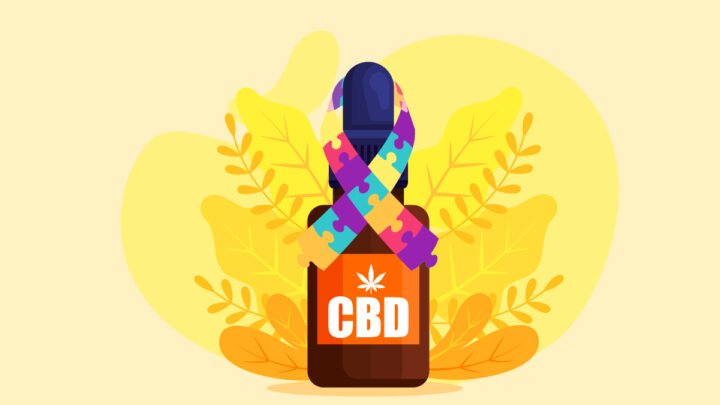 CBD Oil Bottle With Leaves on the Background and Colorful Puzzle on its Body