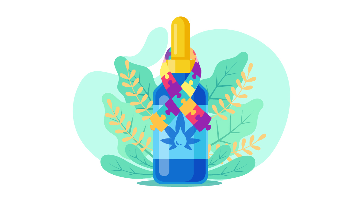 CBD Oil Bottle With Leaves on the Background and Colorful Puzzle on its Body