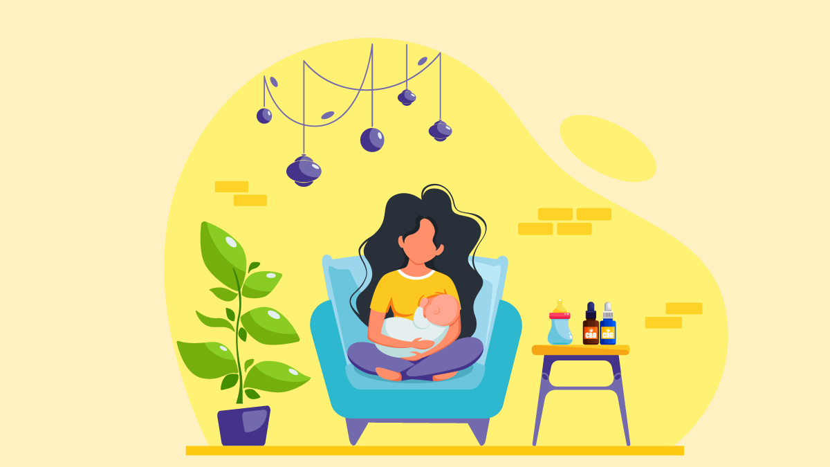 Illustration of a Mother and Baby While Breastfeeding with CBD Oil on the Side Table