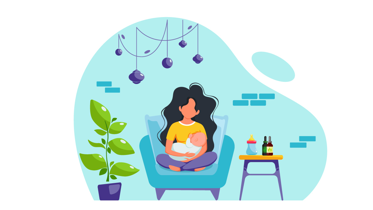 Illustration of a Mother and Baby While Breastfeeding with CBD Oil on the Side Table