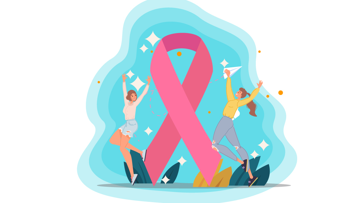Pink Ribbon Illustration with Two Woman Beside it