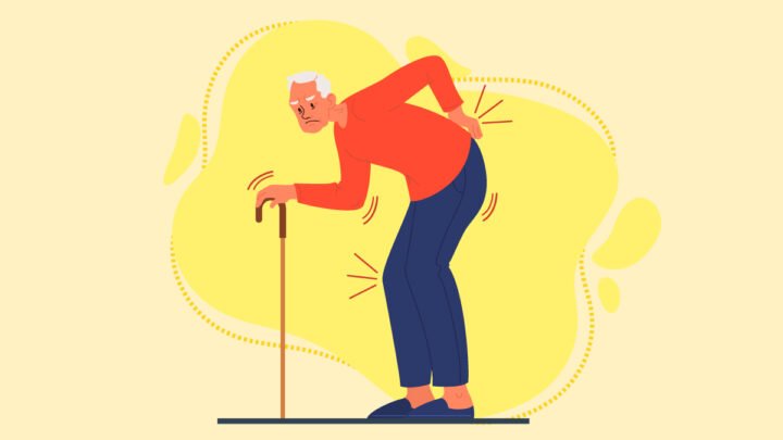 Old Man With Stick as Walking Aid Holding His Back due to Neuropathy