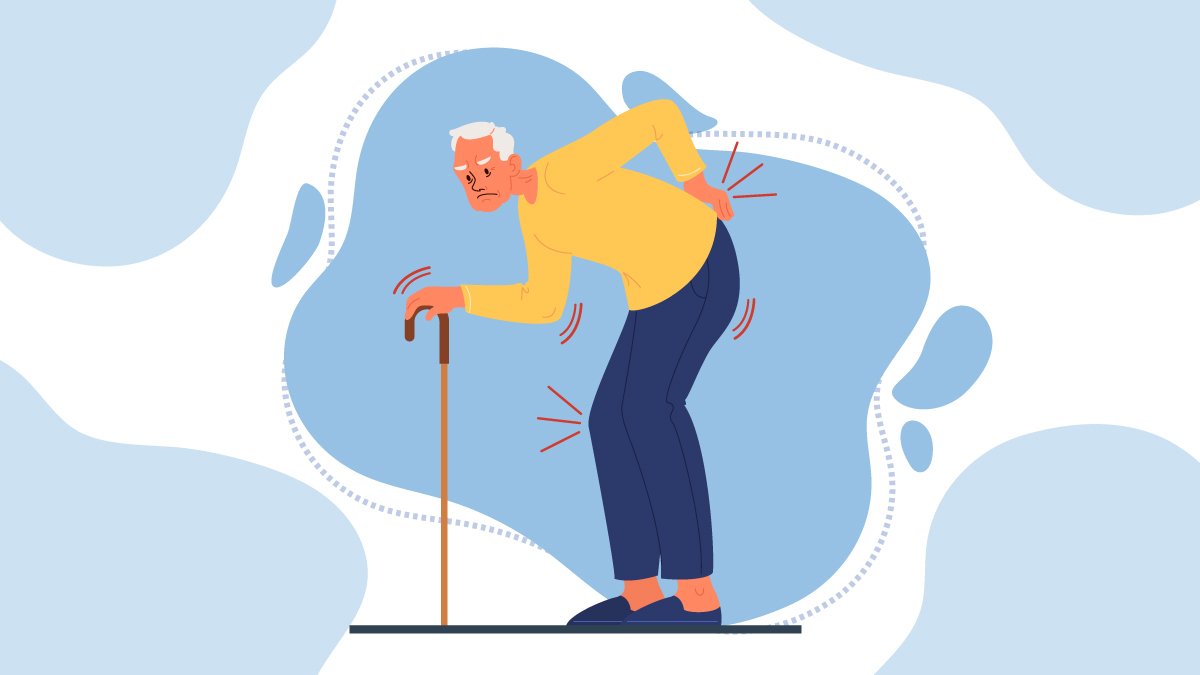 Old Man With Stick as Walking Aid Holding His Back due to Neuropathy