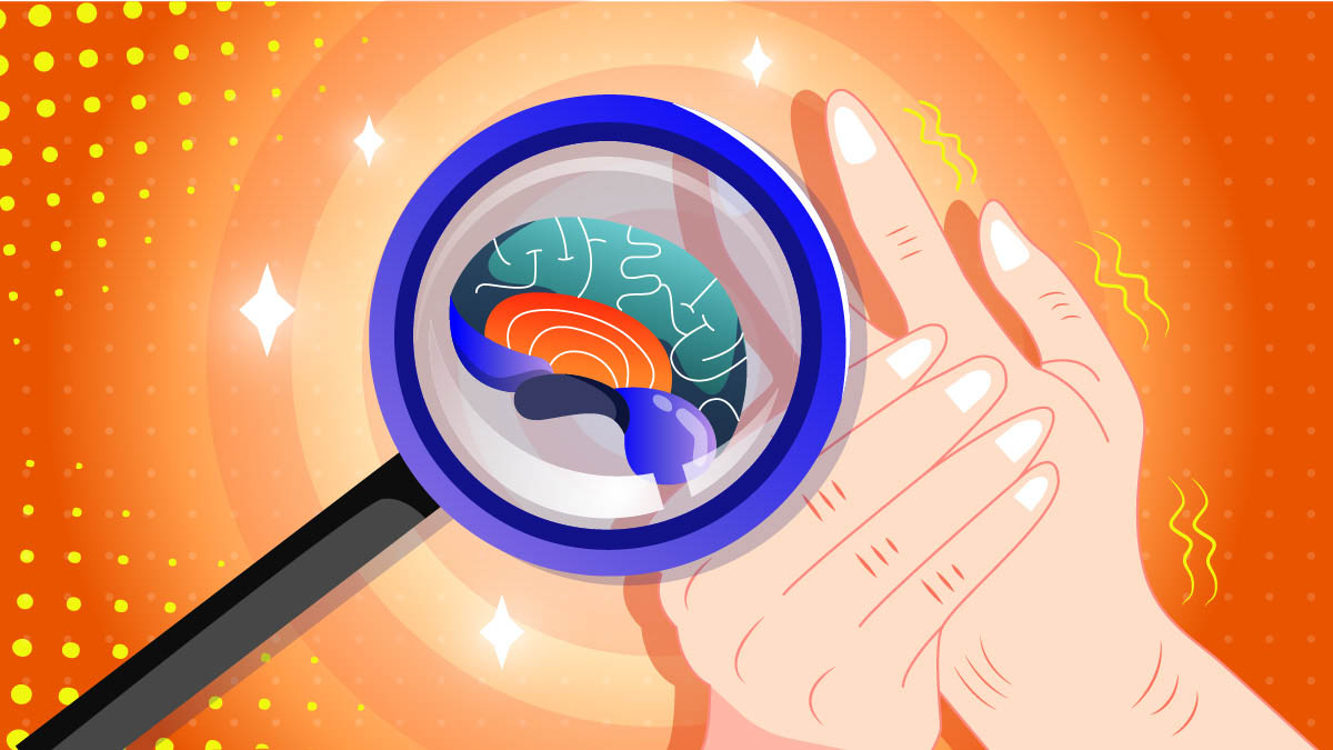 Illustration of a magnifying glass checking what happens to a brain with Parkinson's disease.