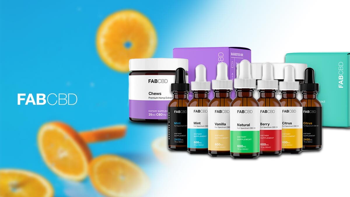 FabCBD products line up with citrus punch background