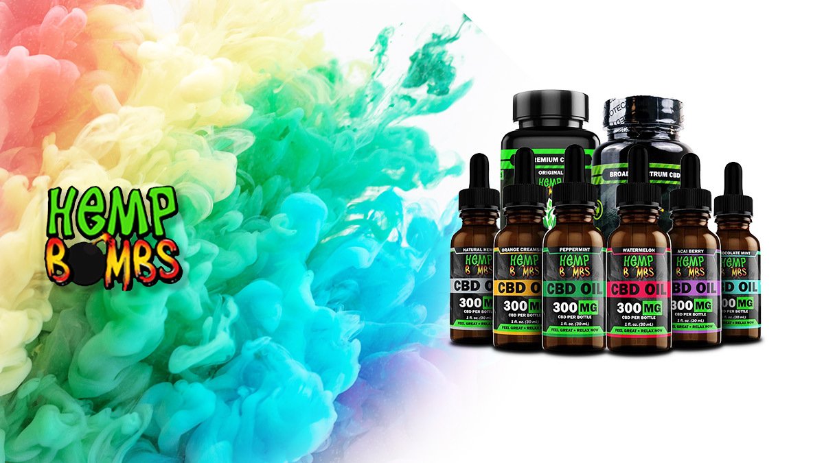 Hemp Bombs CBD products line up and brand logo