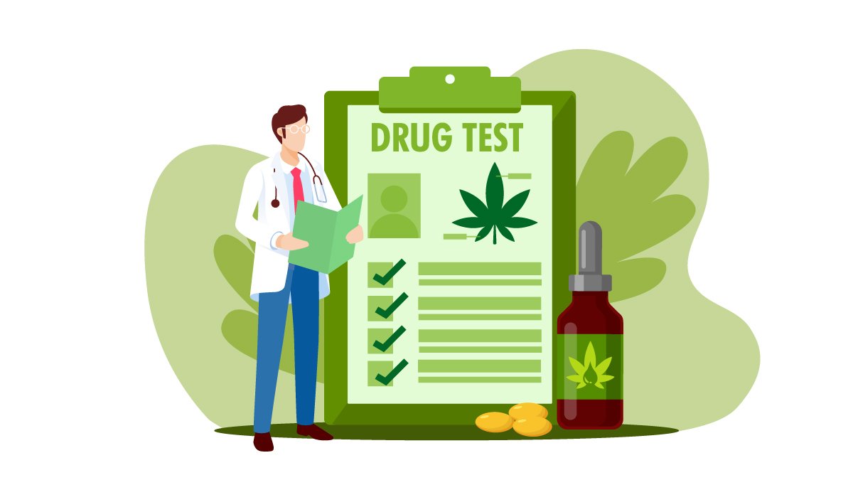 Illustration of a Doctor Standing Holding a Drug Test Record with CBD Oil Bottle Beside It