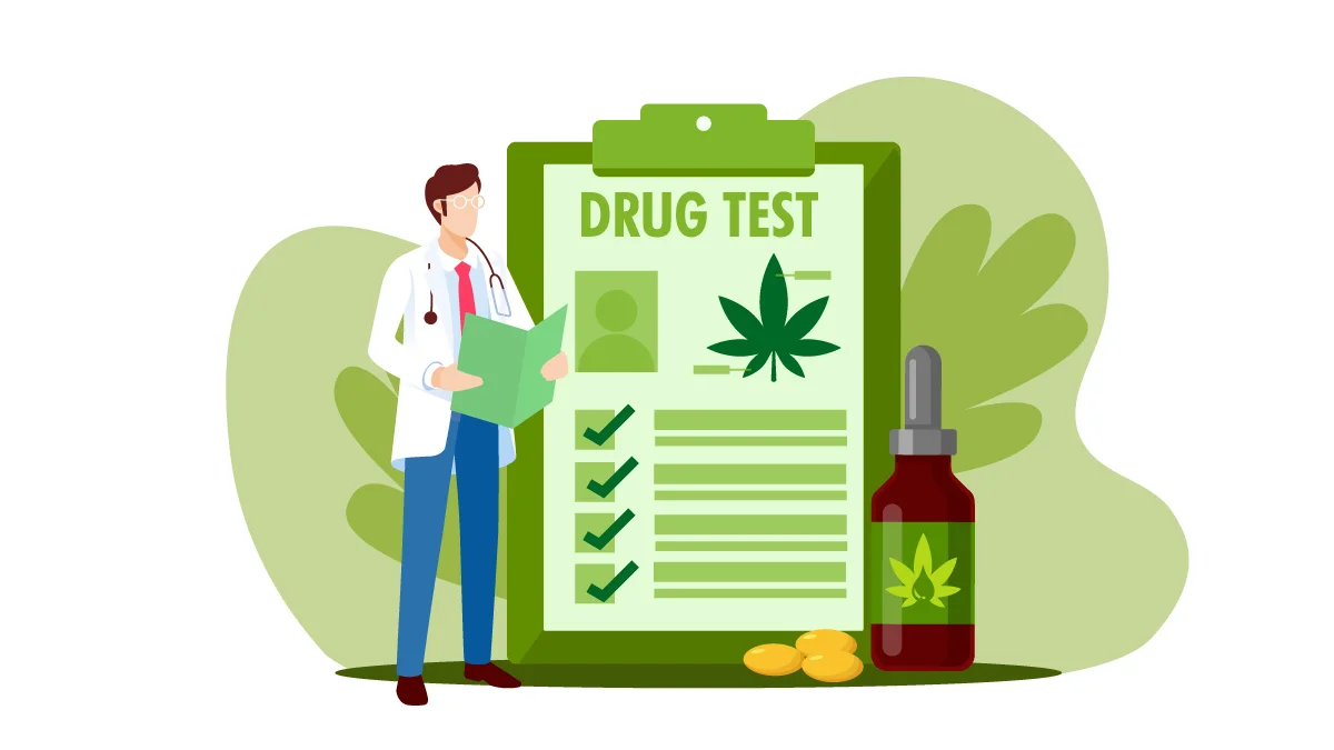 Illustration of a Doctor Standing Holding a Drug Test Record with CBD Oil Bottle Beside It