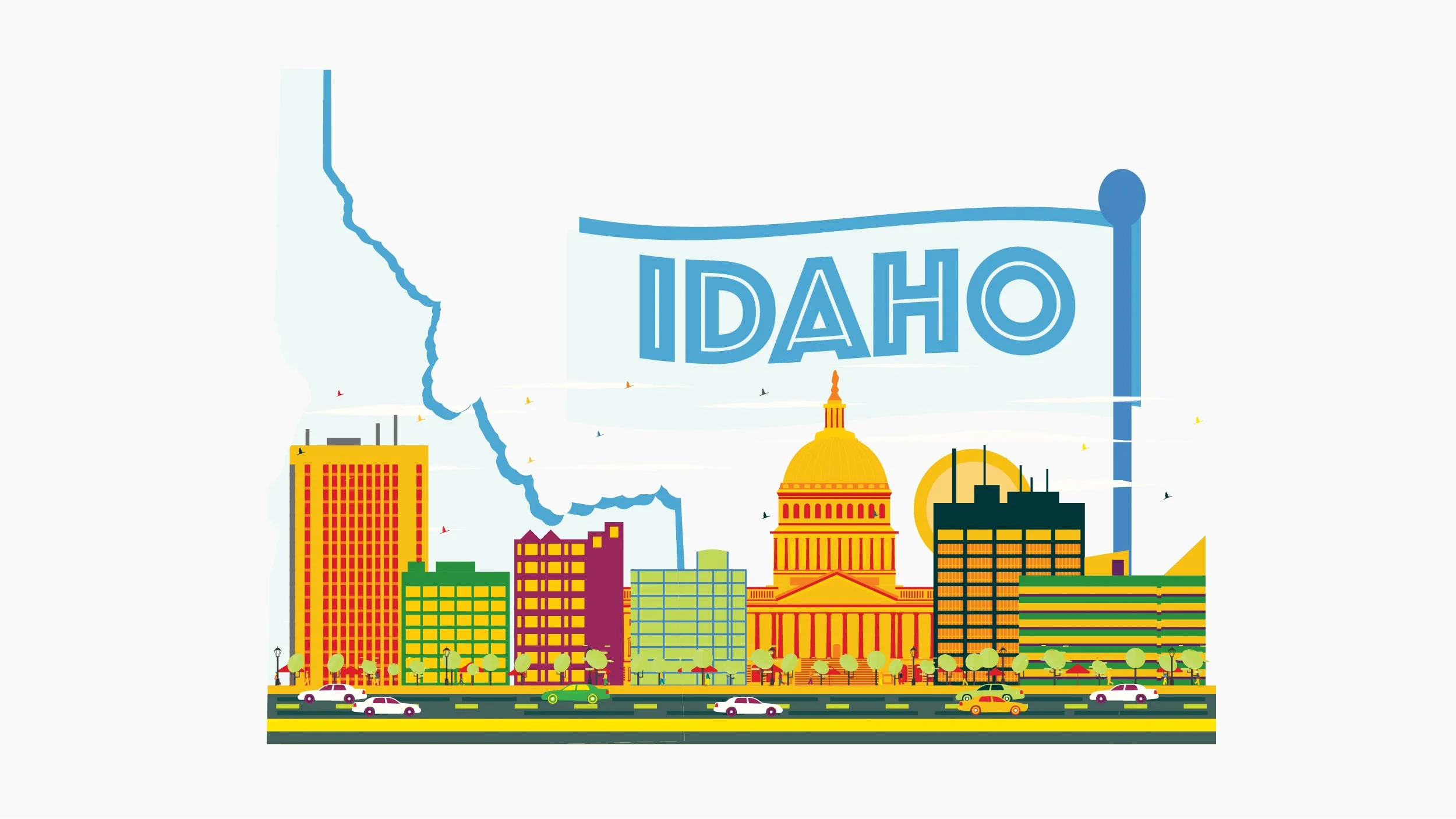 Illustration of Idaho state and city in white background