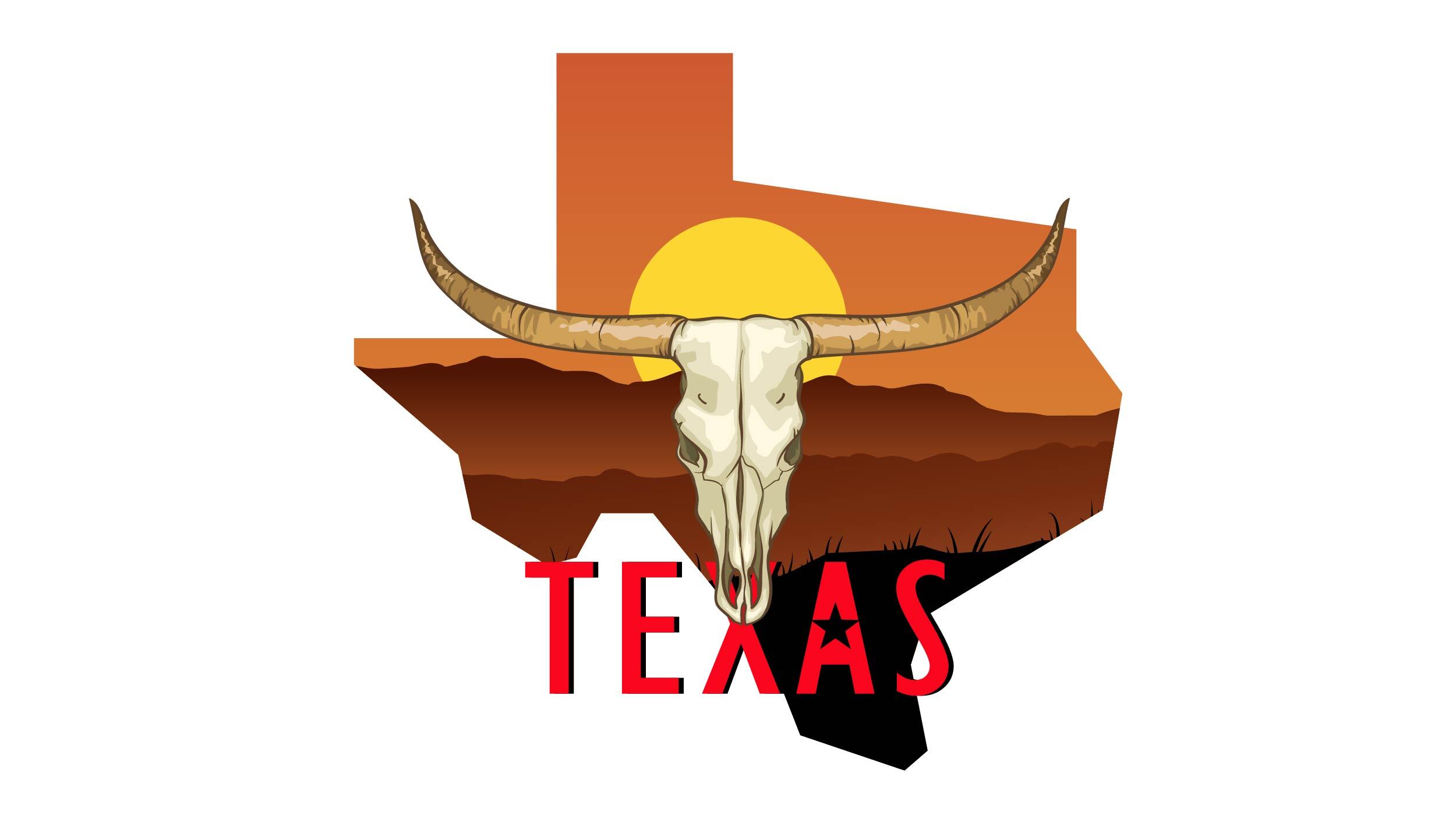 Illustration of a buffalo and Texas state in text