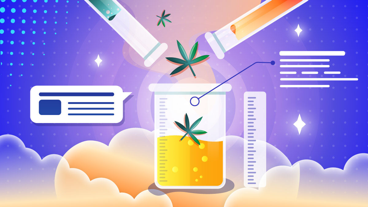 Illustration of hemp leafs in a flask and a dosage chart