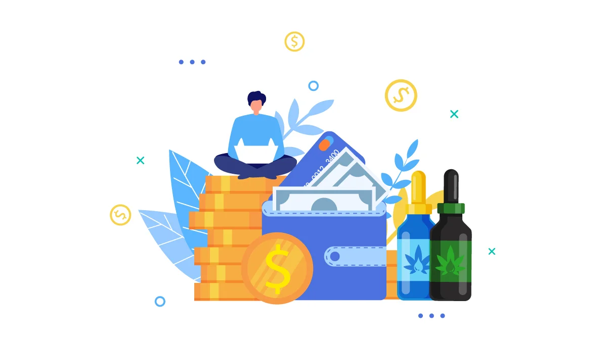 Illustration of CBD Oil Bottles Beside a Wallet with Bills and Pile of Coins with a Man Sitting on Top