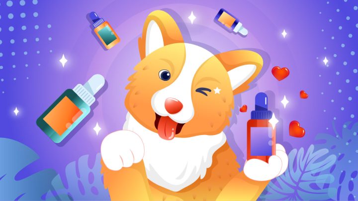 Illustration of a dog pet happy with multiple CBD oil bottles around