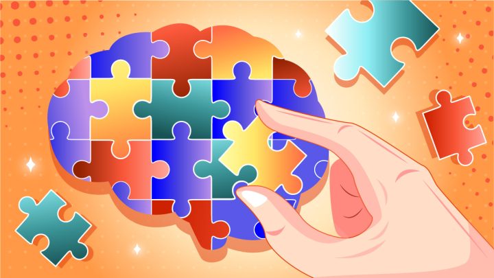Illustration of a senior's hand trying hard to put a puzzle together due to having dementia
