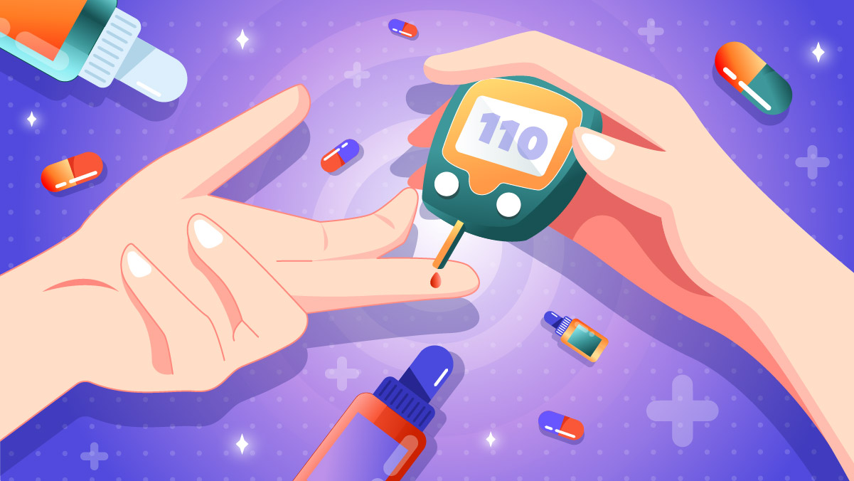 Illustration of a person using glucose meters and CBD oil bottles