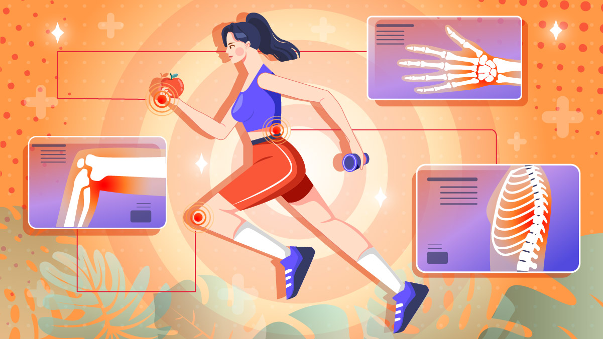 Illustration of a woman in running position with pain from fribromyalgia