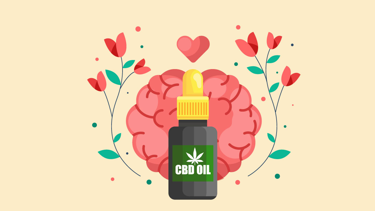 Illustration of CBD Oil with Brain Image and Heart Flowers On the Side