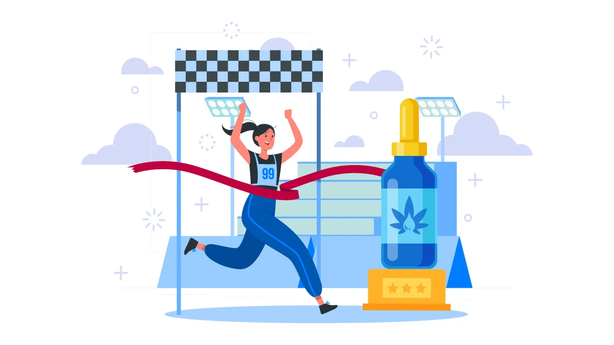 Illustration of an Athlete on the Finish Line with CBD Oil in Front of Her