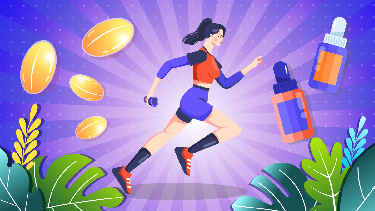 Illustration of an athlete with running with CDD products surrounding her.