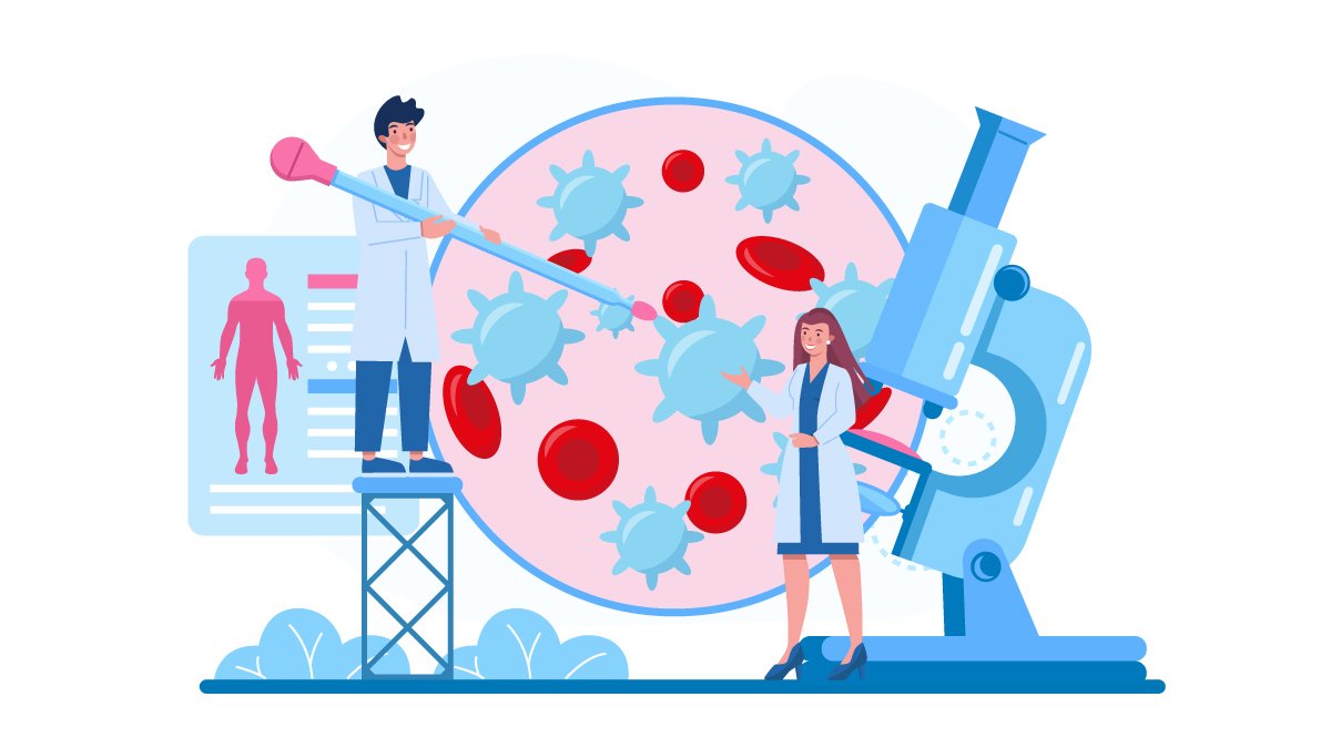 Illustration of Blood Stream with Leukemia Checked by Two Doctors