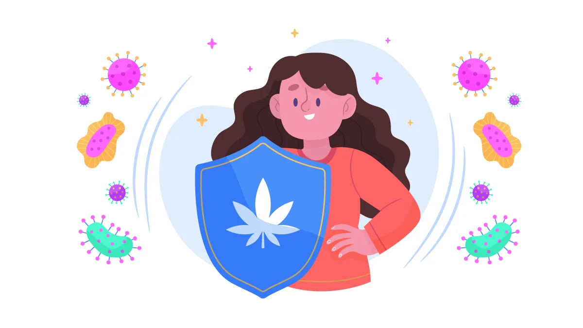 Woman Holding Battle Shield with Hemp Leaf Print Against Viruses