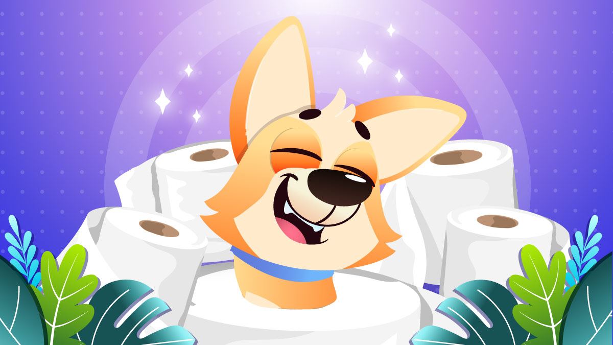 Illustration of a Dog feeling relief from Diarrhea and surrounded by toilet paper