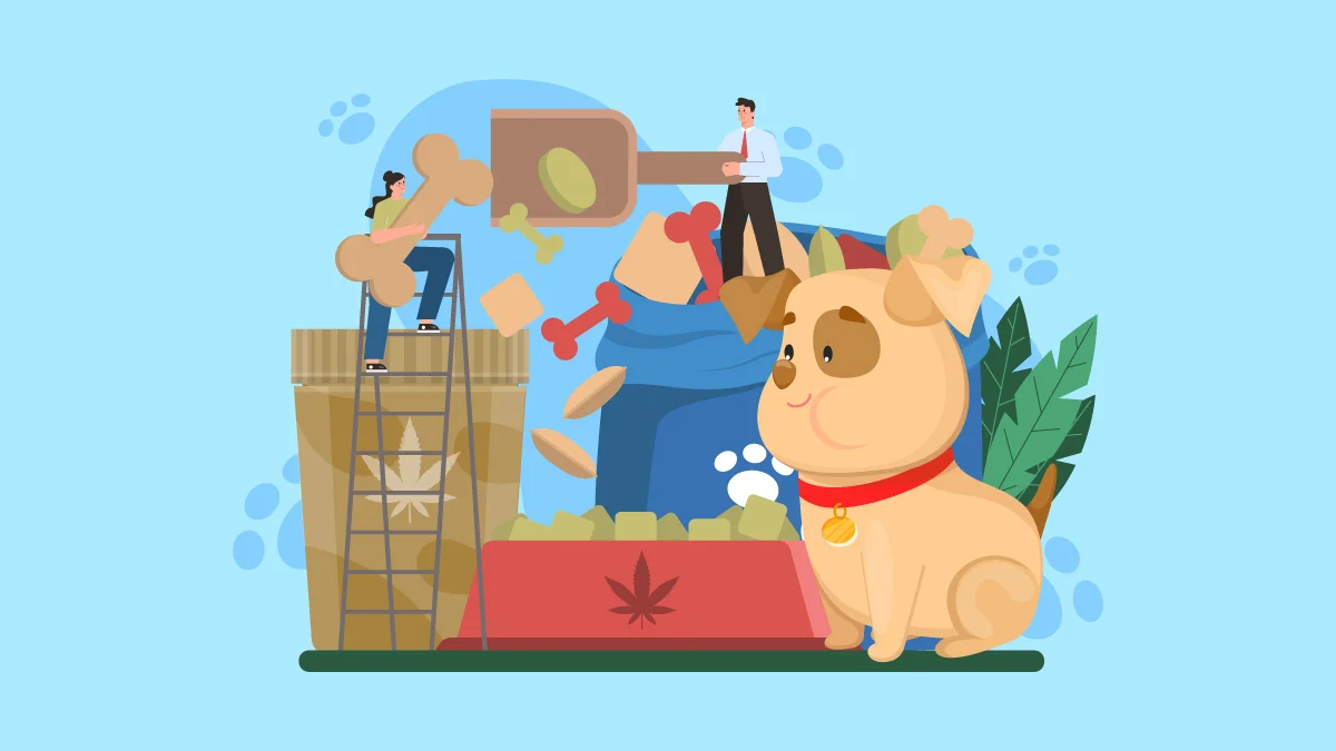 Illustration of CBD Dog Treats Poured Into Food Bowl Beside a Dog
