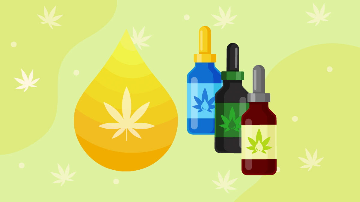 Illustration of Three CBD Oil Bottles Beside a Droplet Image with Hemp Leaf Print