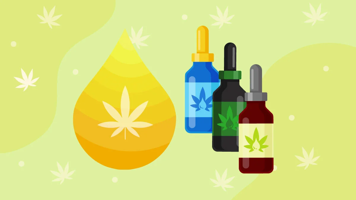 Illustration of Three CBD Oil Bottles Beside a Droplet Image with Hemp Leaf Print