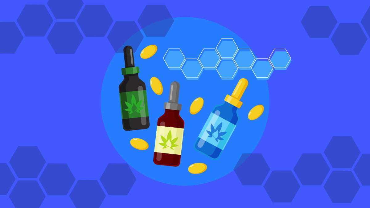Illustration of CBD Isolate in Three CBD Oil Bottles
