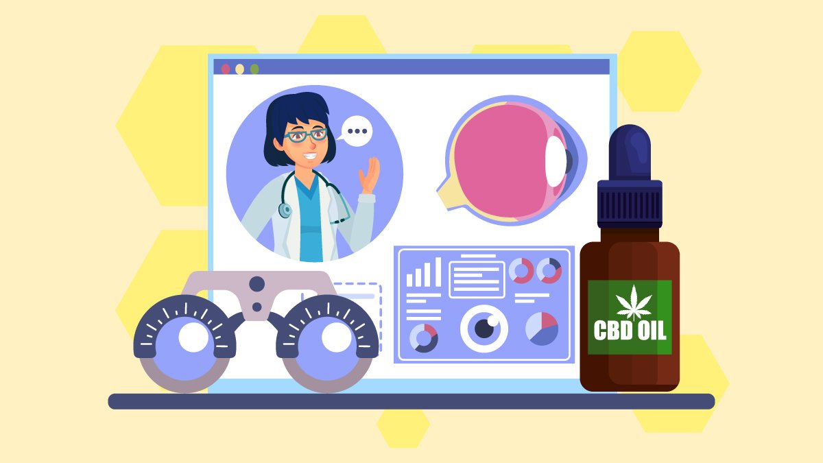 Illustration of an Eyeball and Eyeglasses beside CBD Oil with Doctor