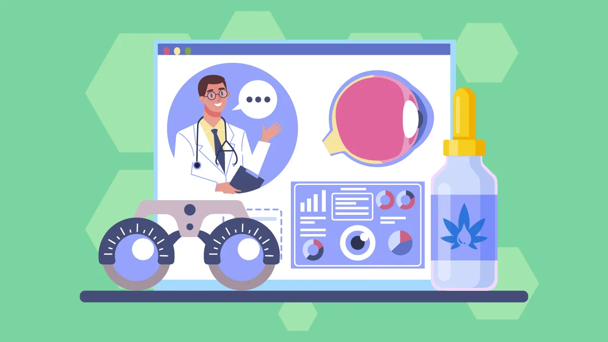 Illustration of an Eyeball and Eyeglasses beside CBD Oil with Doctor