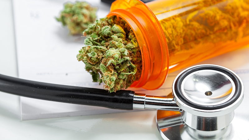 dried hemp flower buds on a container and a stethoscope