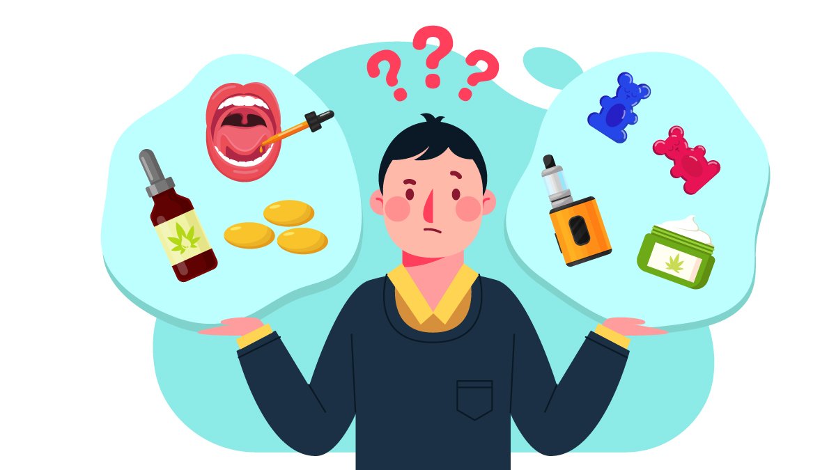 an illustration of a man thinking of ways to take CBD through tincture, capsules, oil, or vape