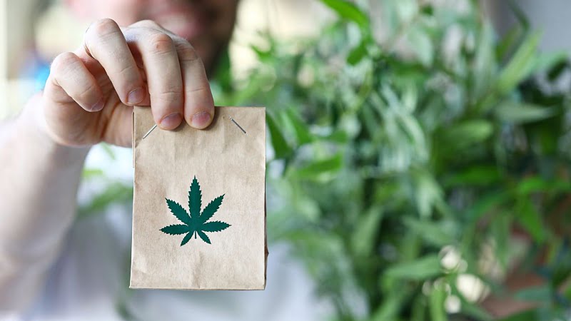 man holding a paper bag with hemp leaf logo