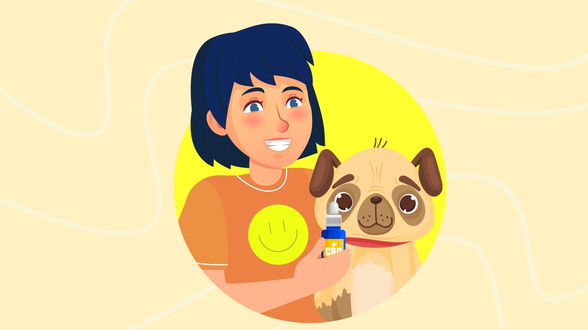 Illustration of a guy and his dog with CBD Oil bottle