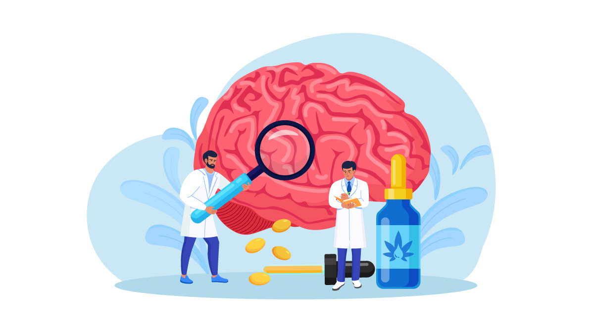 Illustration of scientists looking into a brain