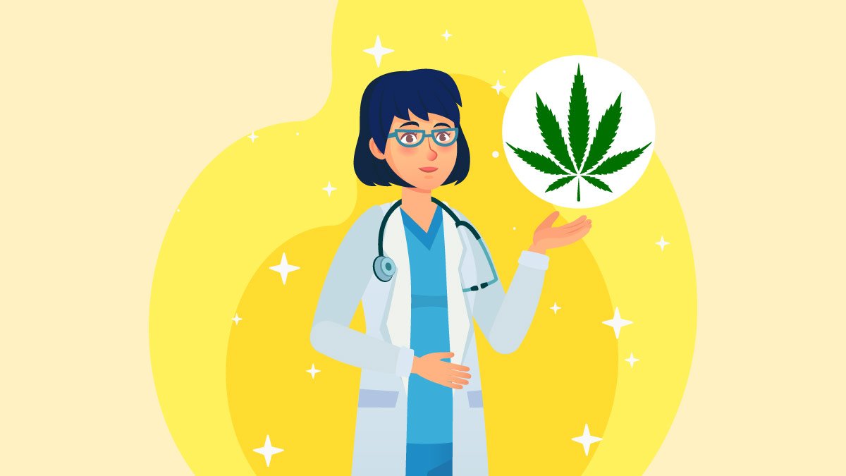 Illustration of a scientist and hemp leaf